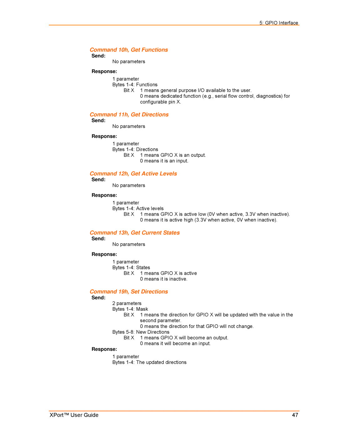 Lantronix XPort manual Command 10h, Get Functions, Command 11h, Get Directions, Command 12h, Get Active Levels 