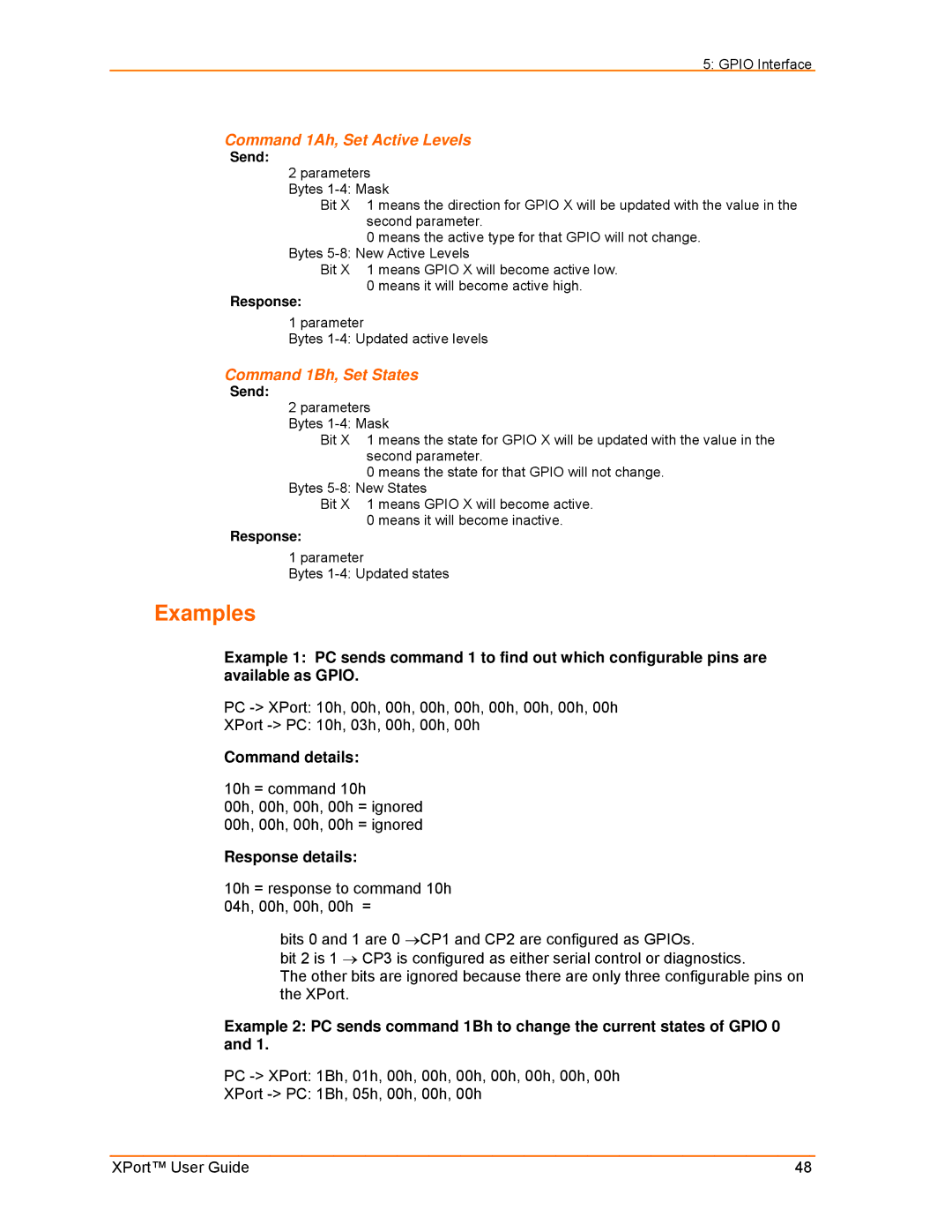 Lantronix XPort manual Examples, Command 1Ah, Set Active Levels, Command 1Bh, Set States 