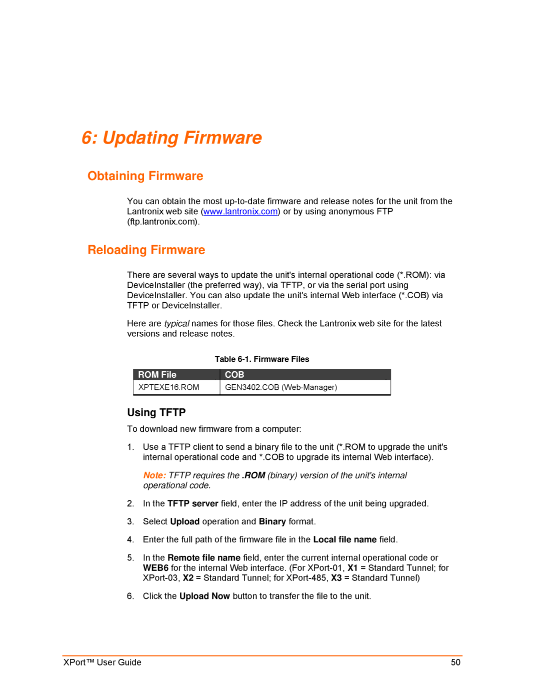 Lantronix XPort manual Updating Firmware, Obtaining Firmware Reloading Firmware, Using Tftp, ROM File 