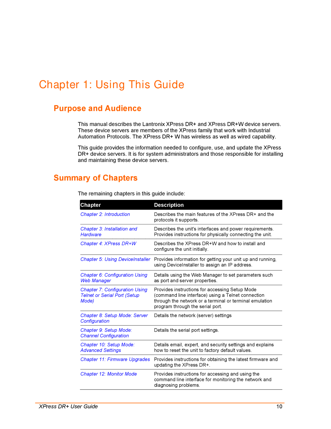 Lantronix XPress DR+ manual Using This Guide, Purpose and Audience, Summary of Chapters, Chapter Description 