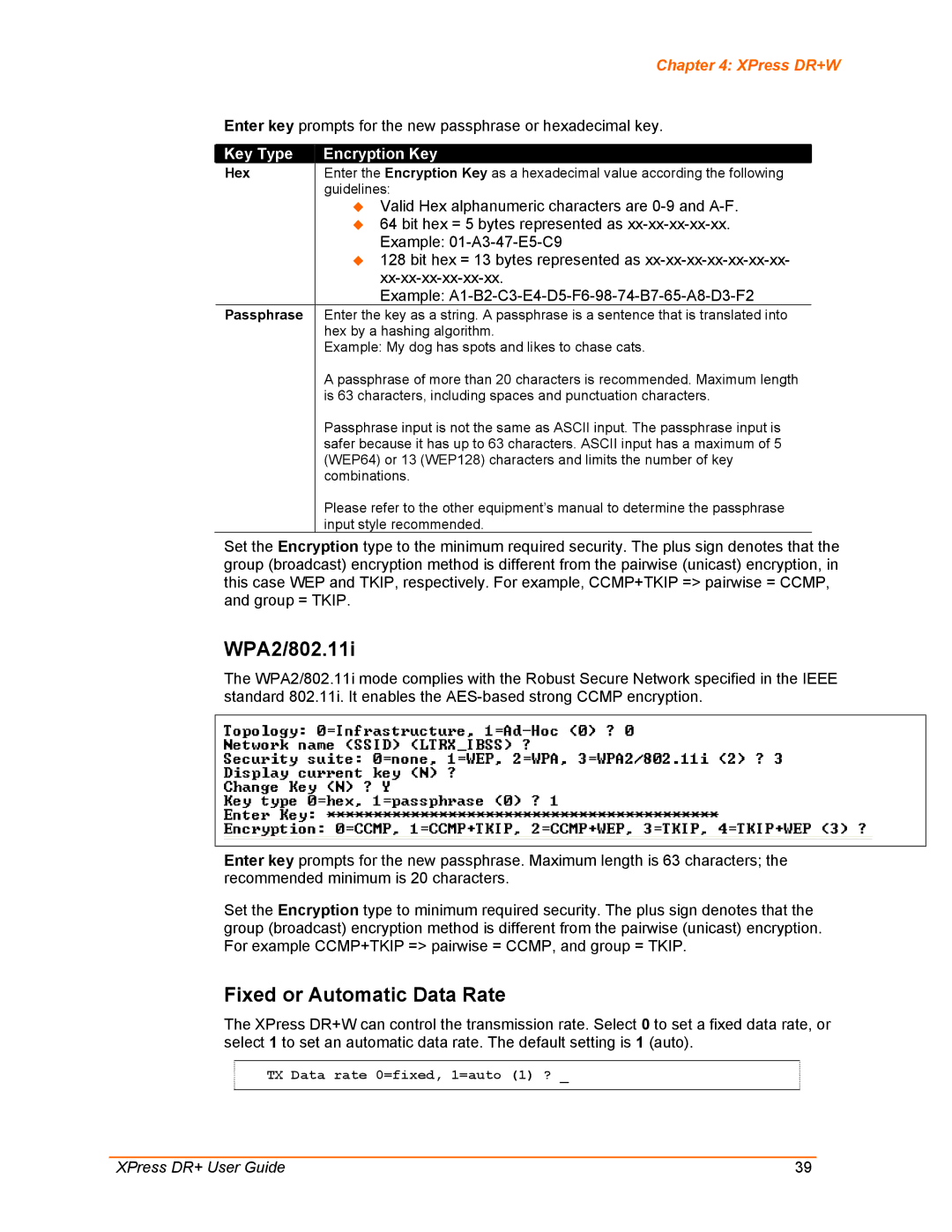 Lantronix XPress DR+ manual WPA2/802.11i, Fixed or Automatic Data Rate 