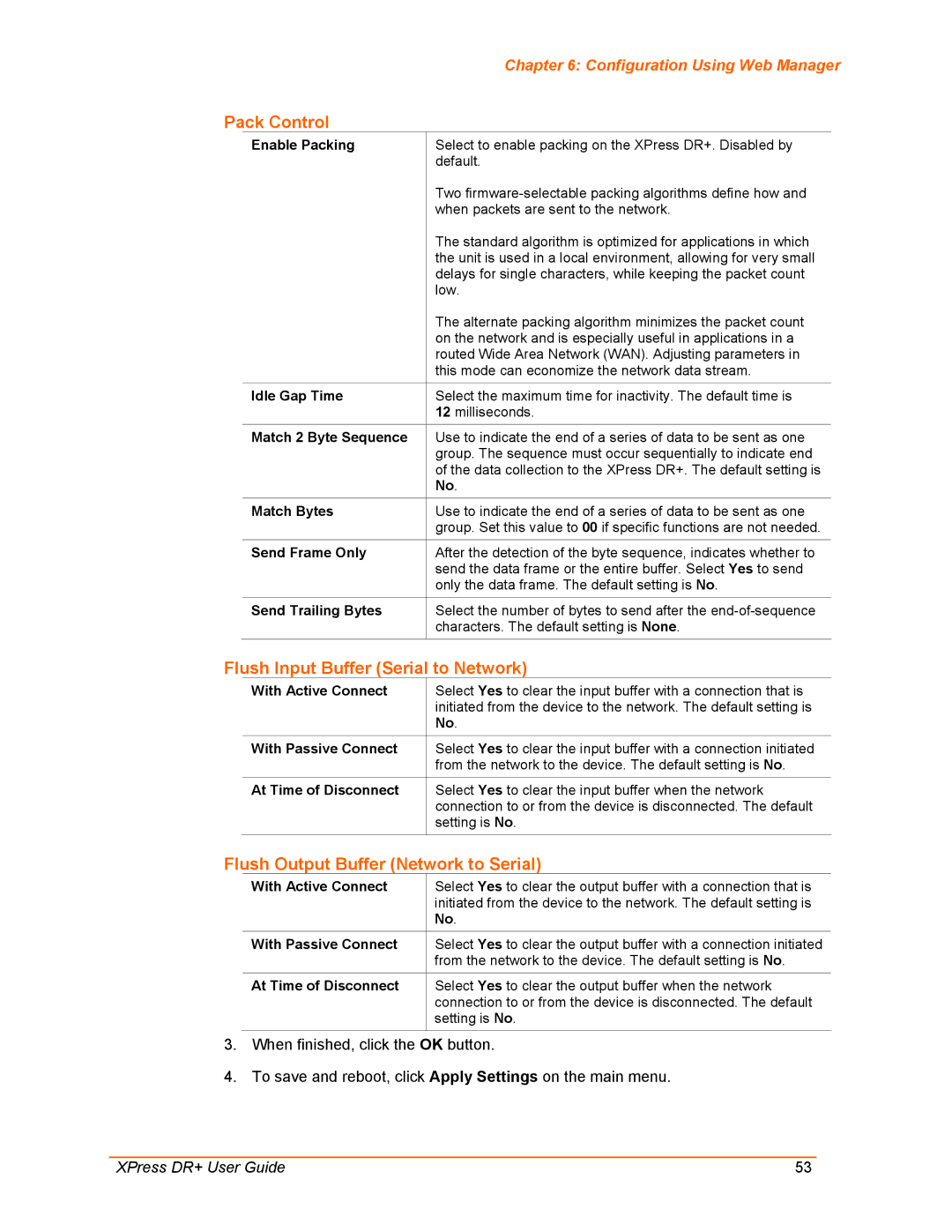 Lantronix XPress DR+ manual Pack Control, Flush Input Buffer Serial to Network, Flush Output Buffer Network to Serial 