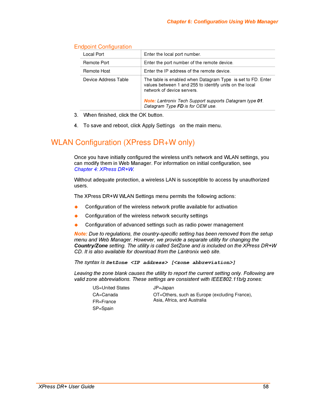 Lantronix manual Wlan Configuration XPress DR+W only, Device Address Table 