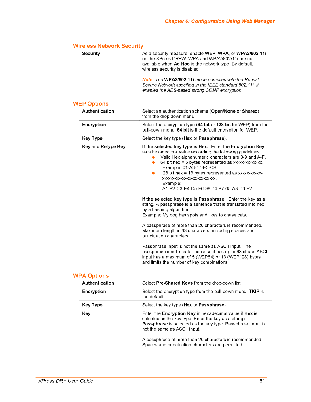Lantronix XPress DR+ manual Wireless Network Security, WEP Options, WPA Options 