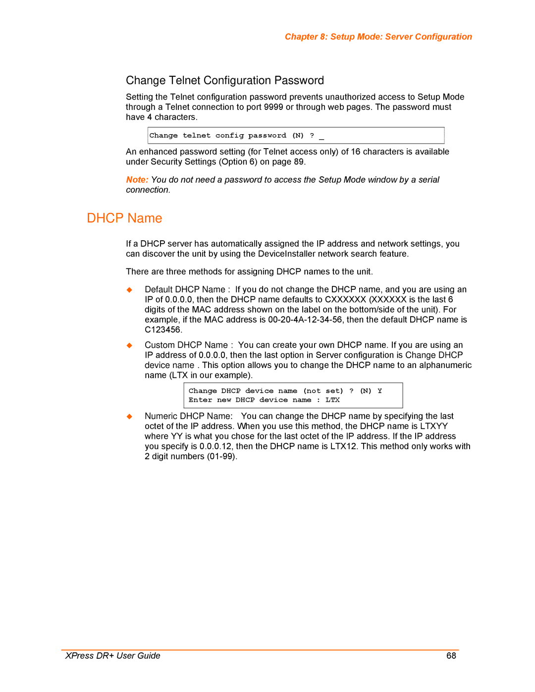 Lantronix XPress DR+ manual Dhcp Name, Change Telnet Configuration Password 