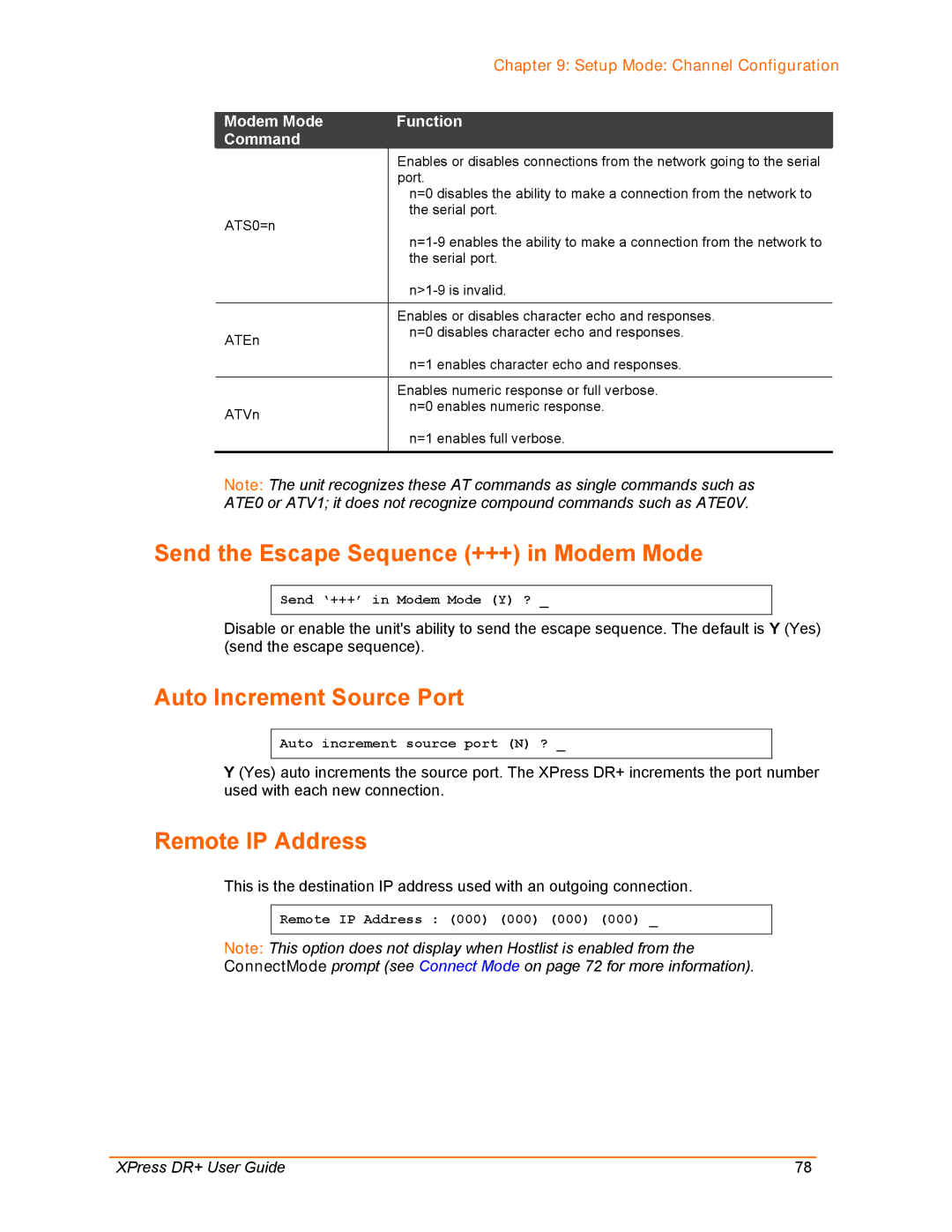 Lantronix XPress DR+ manual Send the Escape Sequence +++ in Modem Mode, Auto Increment Source Port, Remote IP Address 