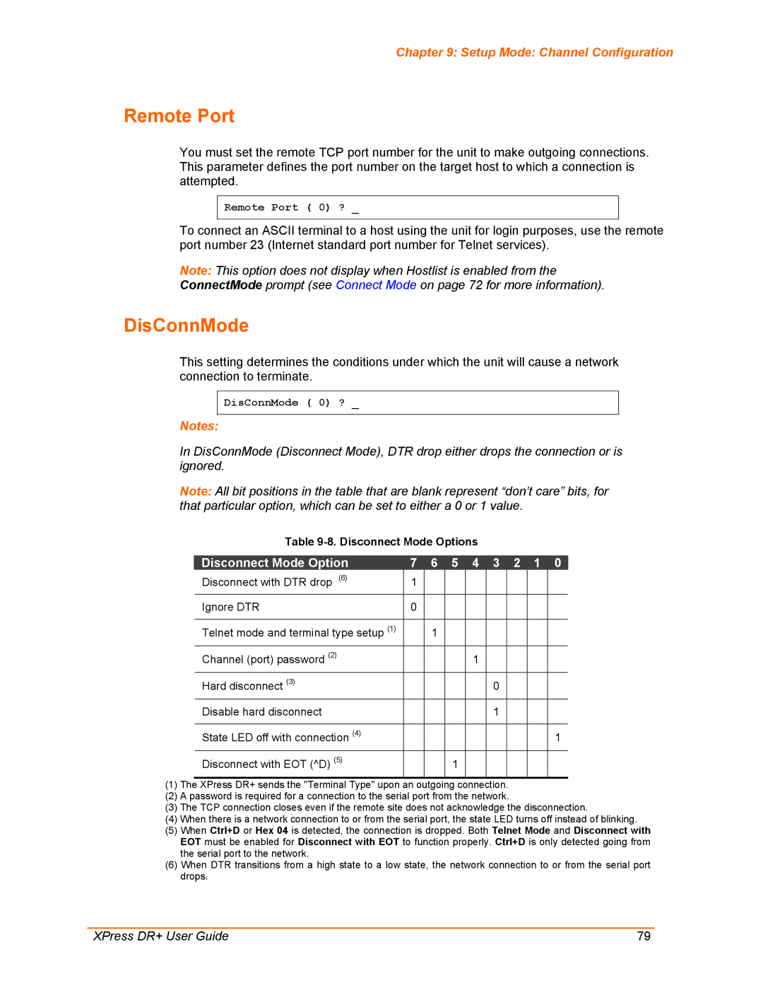 Lantronix XPress DR+ manual Remote Port, DisConnMode, Disconnect Mode Options 