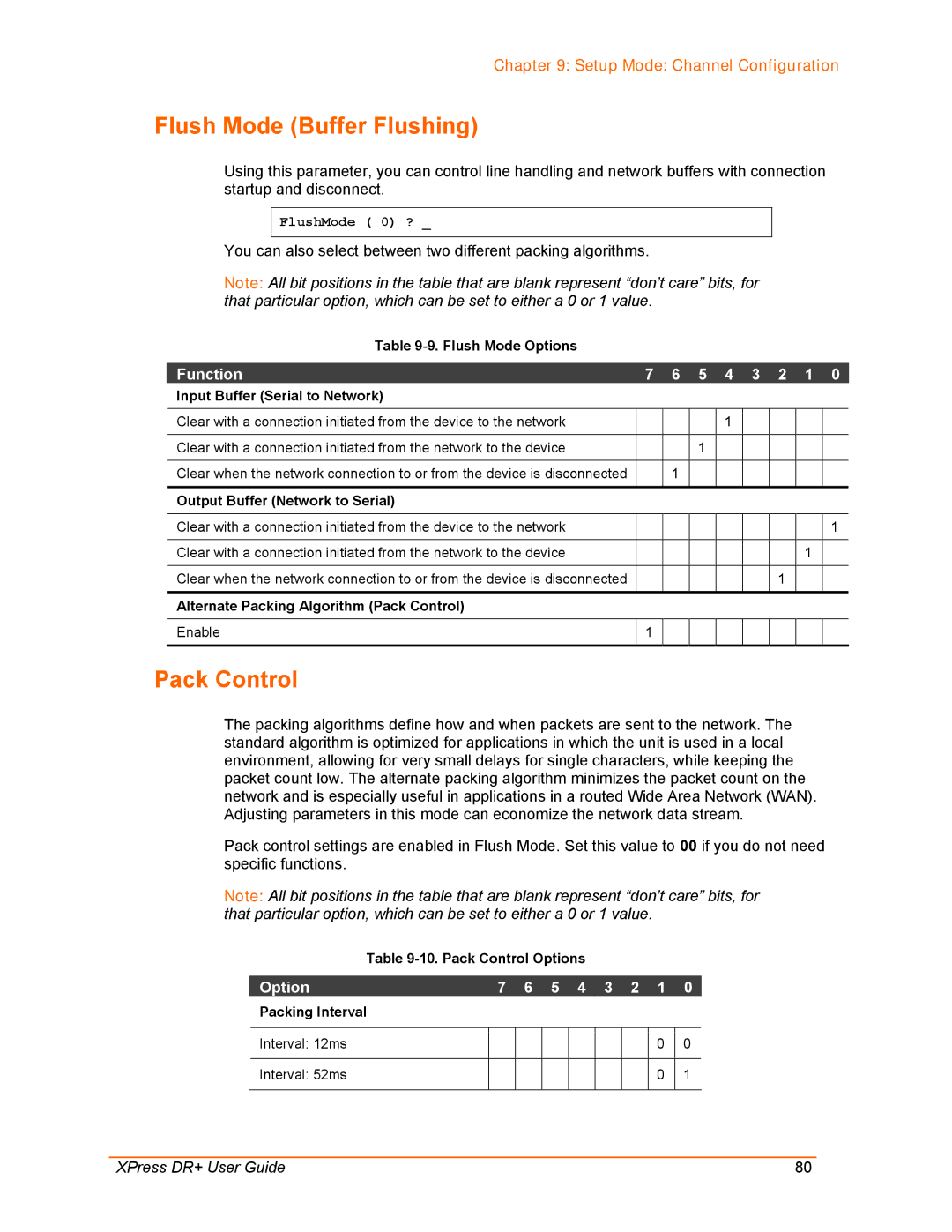 Lantronix XPress DR+ manual Flush Mode Buffer Flushing, Pack Control, Option 