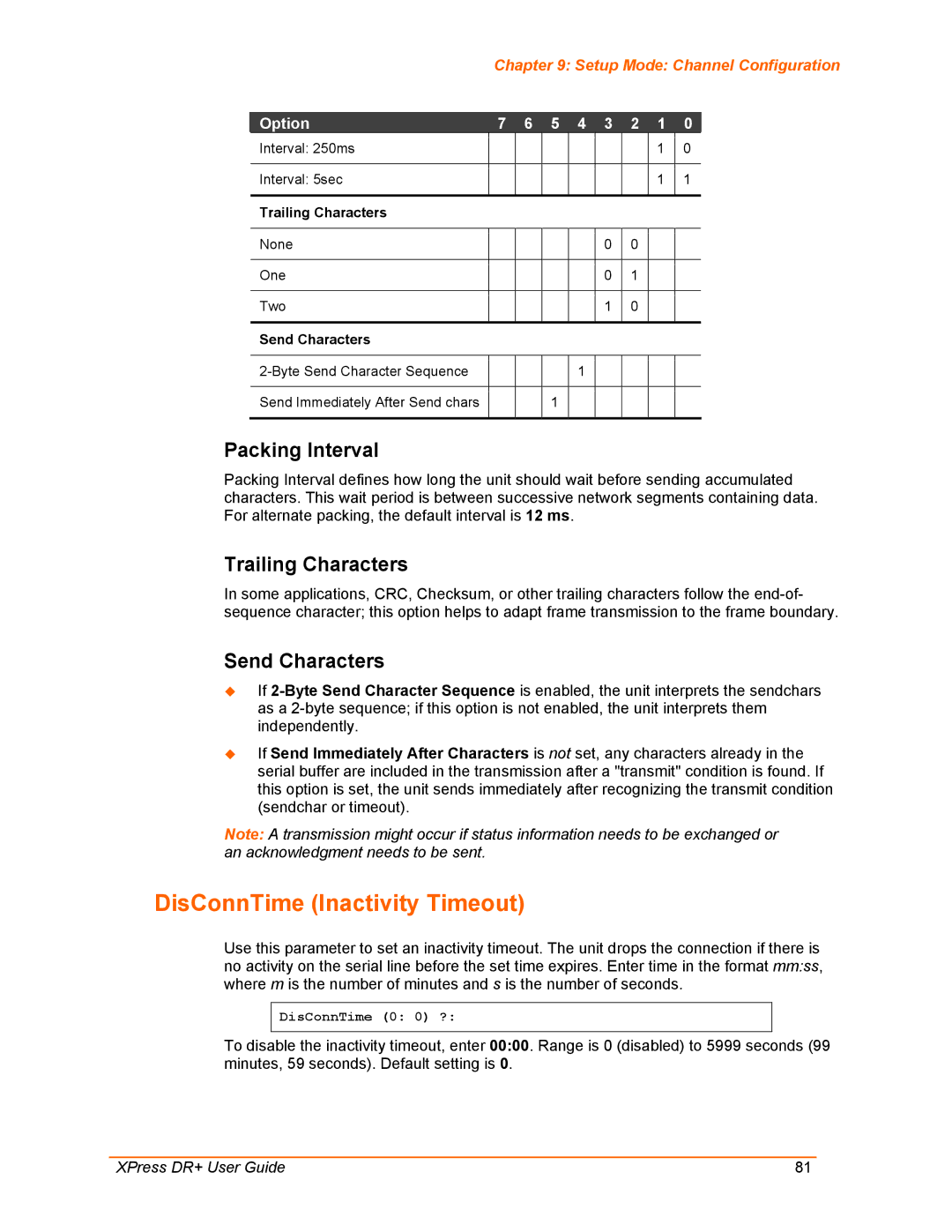 Lantronix XPress DR+ manual DisConnTime Inactivity Timeout, Packing Interval, Trailing Characters, Send Characters 