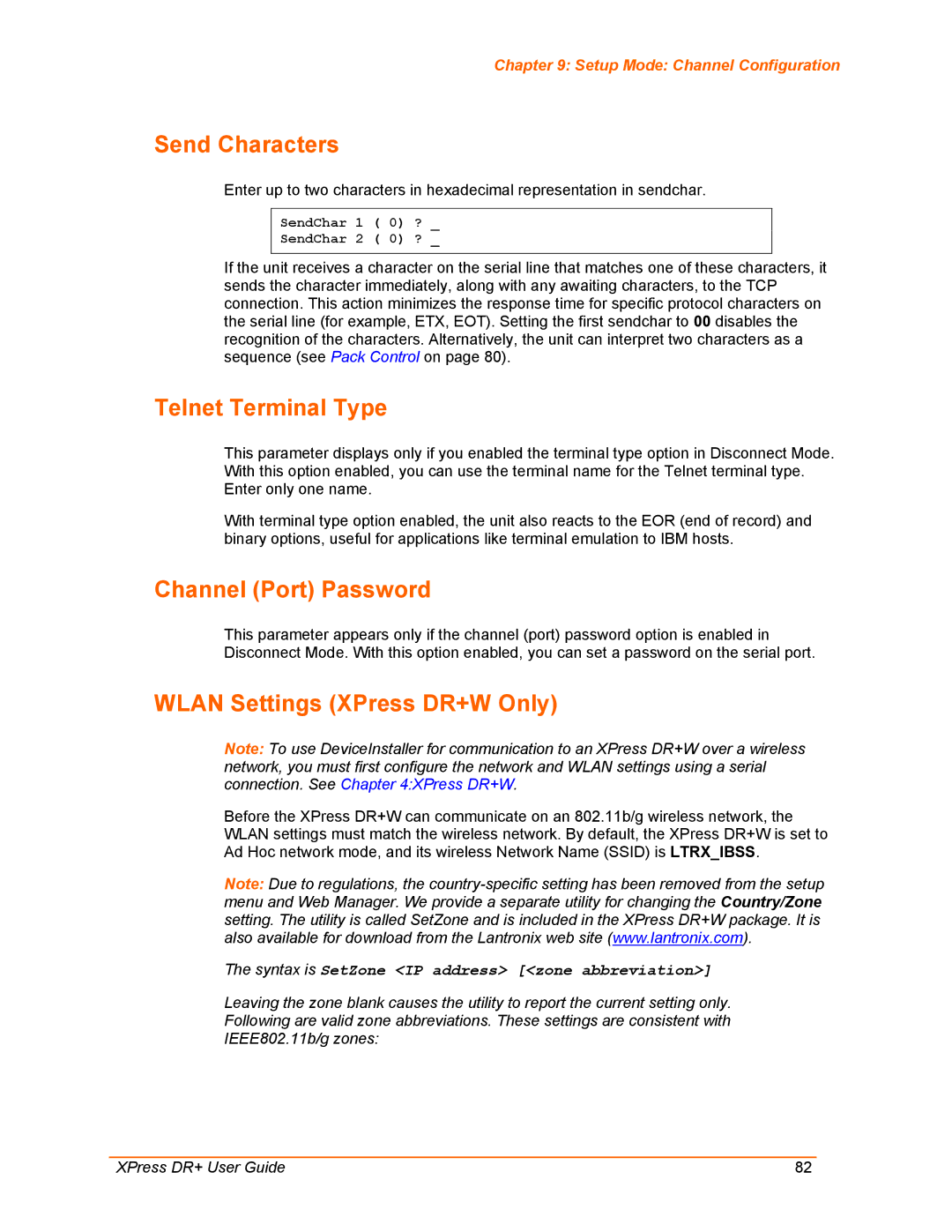 Lantronix manual Send Characters, Telnet Terminal Type, Channel Port Password, Wlan Settings XPress DR+W Only 