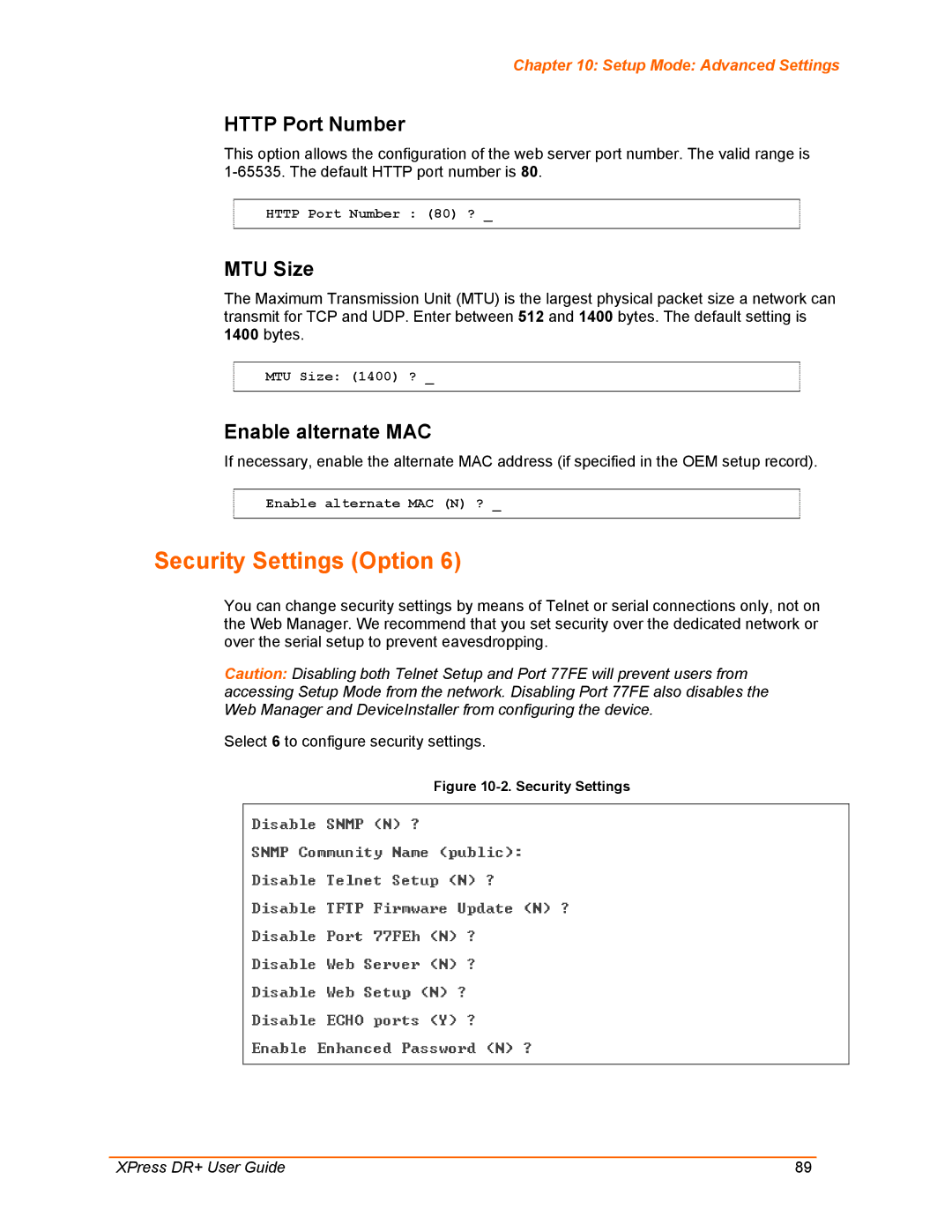 Lantronix XPress DR+ manual Security Settings Option, Http Port Number, MTU Size, Enable alternate MAC 