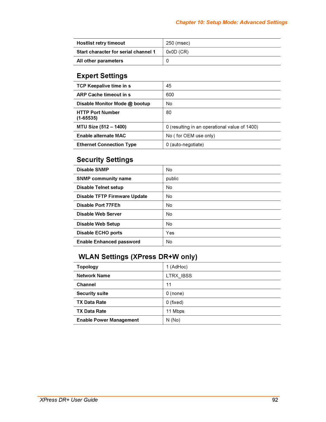 Lantronix manual Expert Settings, Security Settings, Wlan Settings XPress DR+W only, Topology AdHoc Network Name 