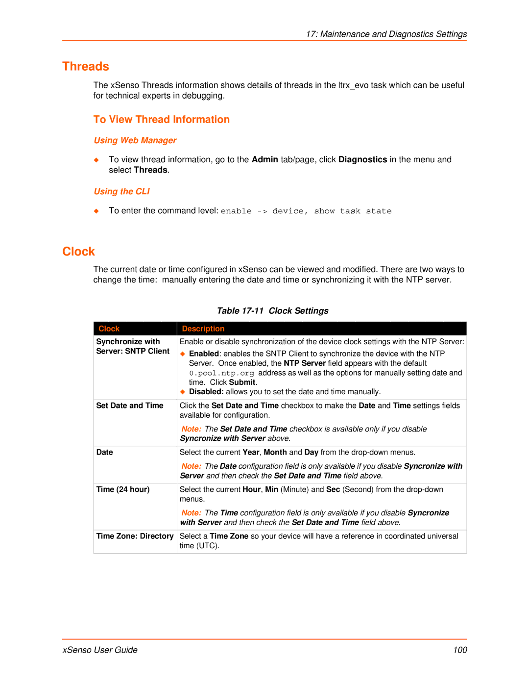 Lantronix XSENSO 2100, XSENSO 21R2 manual Threads, To View Thread Information, Clock Settings, XSenso User Guide 100 