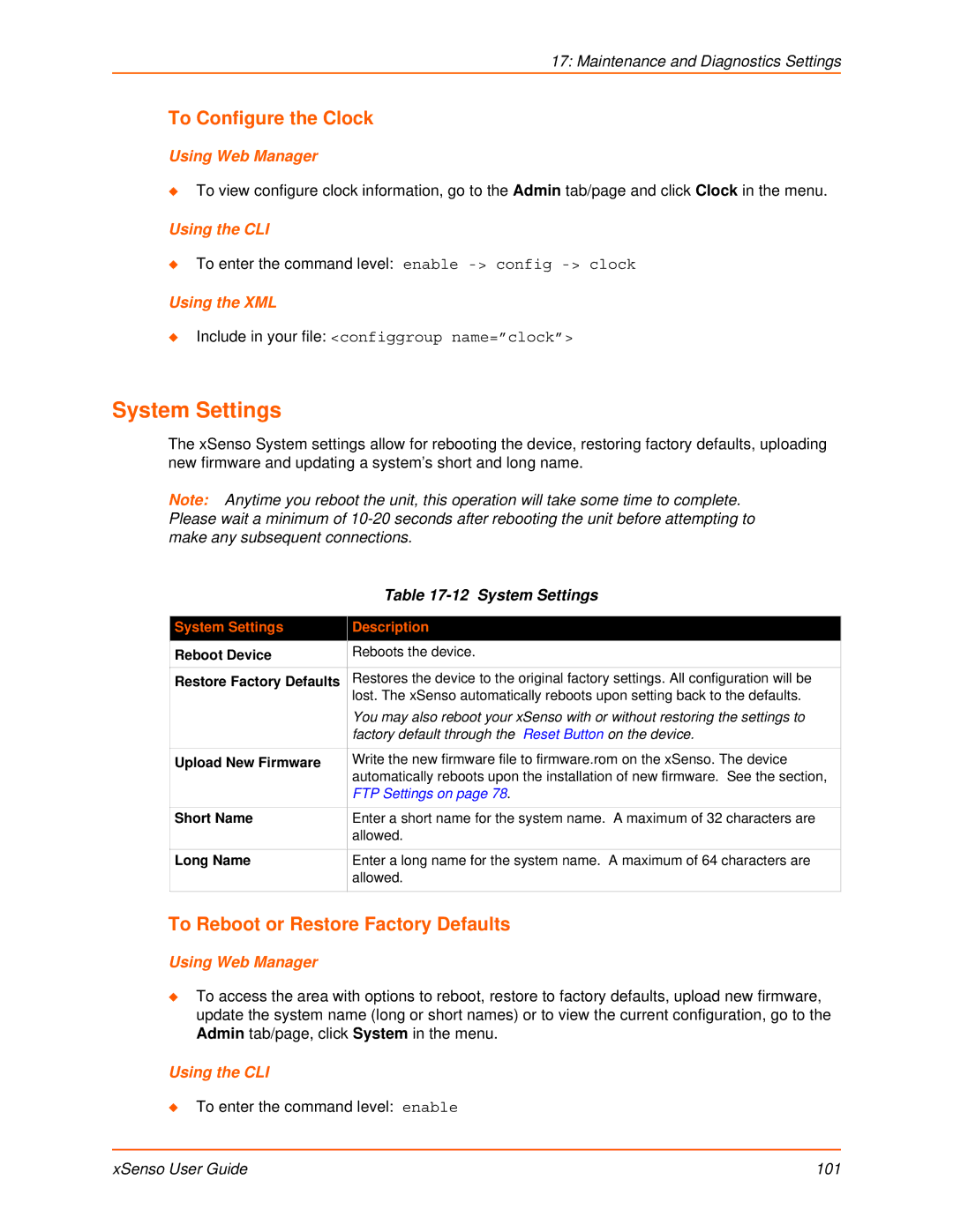 Lantronix XSENSO 21A2, XSENSO 21R2 manual System Settings, To Configure the Clock, To Reboot or Restore Factory Defaults 