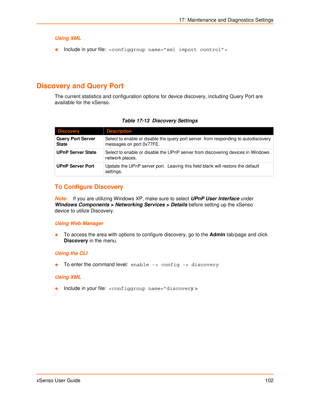 Lantronix XSENSO 21R2 manual Discovery and Query Port, To Configure Discovery, Discovery Settings, XSenso User Guide 102 