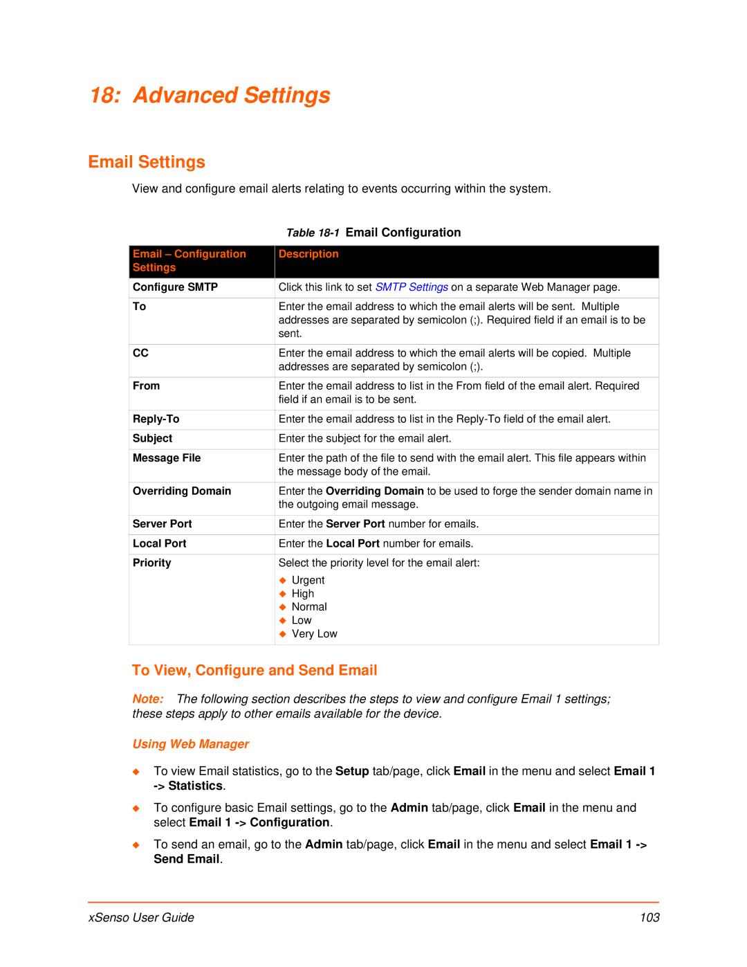 Lantronix XSENSO 2100 manual Advanced Settings, Email Settings, To View, Configure and Send Email, XSenso User Guide 103 