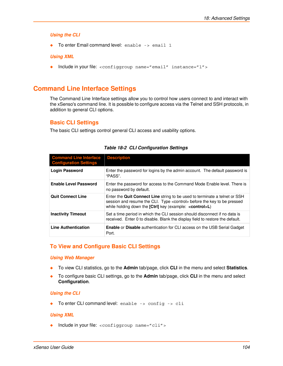 Lantronix XSENSO 21A2, XSENSO 21R2 manual Command Line Interface Settings, To View and Configure Basic CLI Settings 