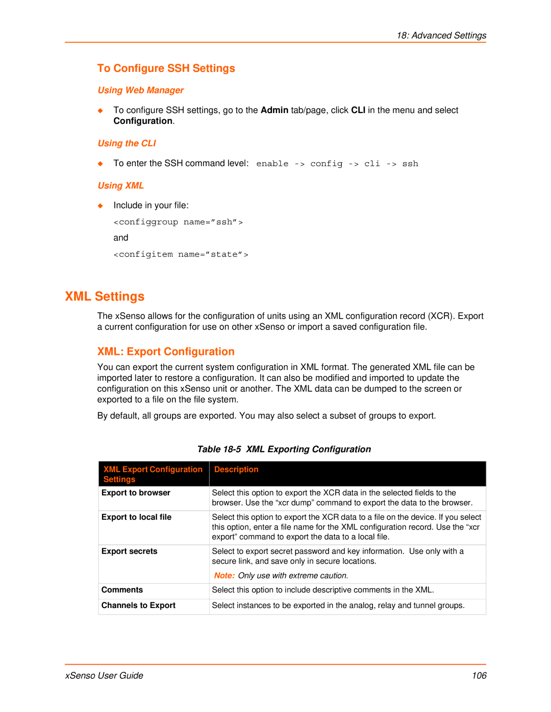 Lantronix XSENSO 2100 manual XML Settings, XML Export Configuration, XML Exporting Configuration, XSenso User Guide 106 