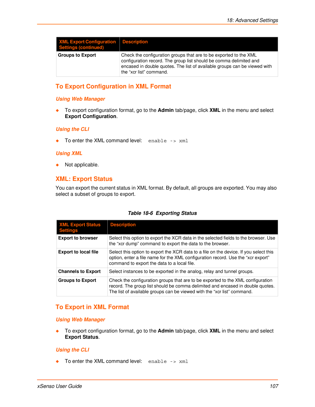 Lantronix XSENSO 21A2 To Export Configuration in XML Format, XML Export Status, To Export in XML Format, Exporting Status 