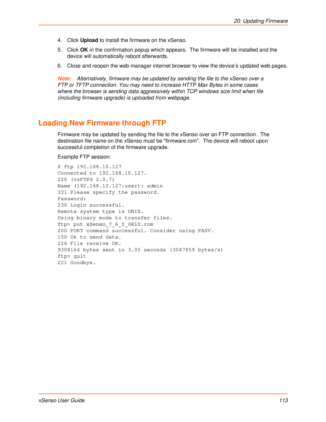 Lantronix XSENSO 21A2, XSENSO 21R2, XSENSO 2100 Loading New Firmware through FTP, Updating Firmware, XSenso User Guide 113 