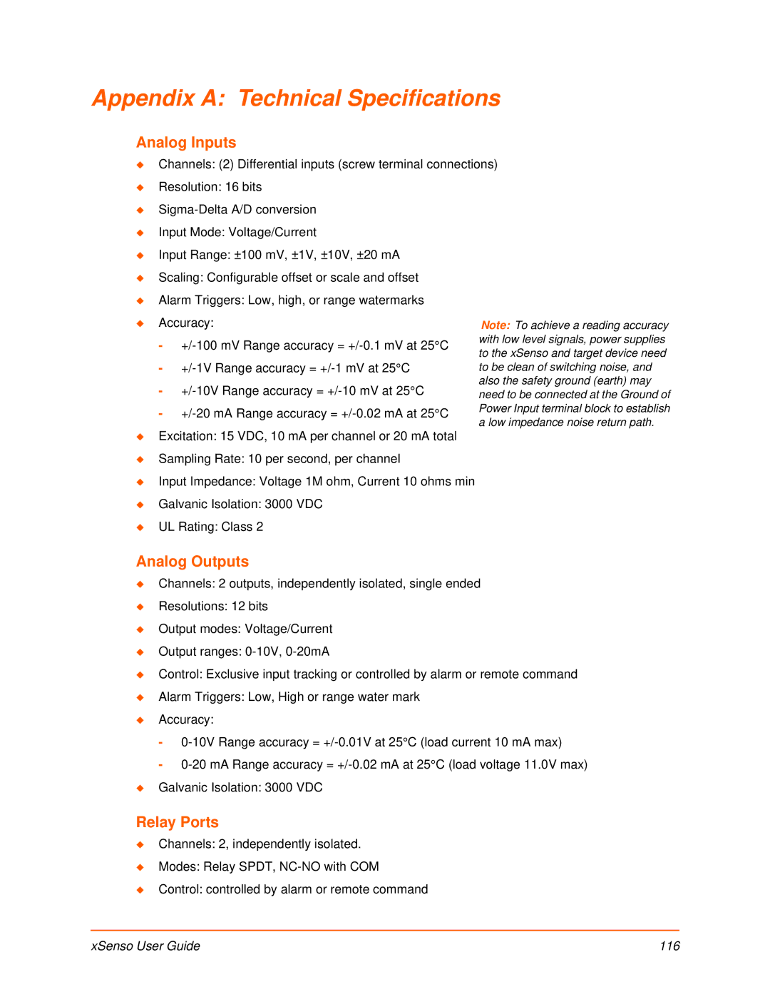 Lantronix XSENSO 21A2, XSENSO 21R2 manual Appendix a Technical Specifications, Analog Inputs, Analog Outputs, Relay Ports 