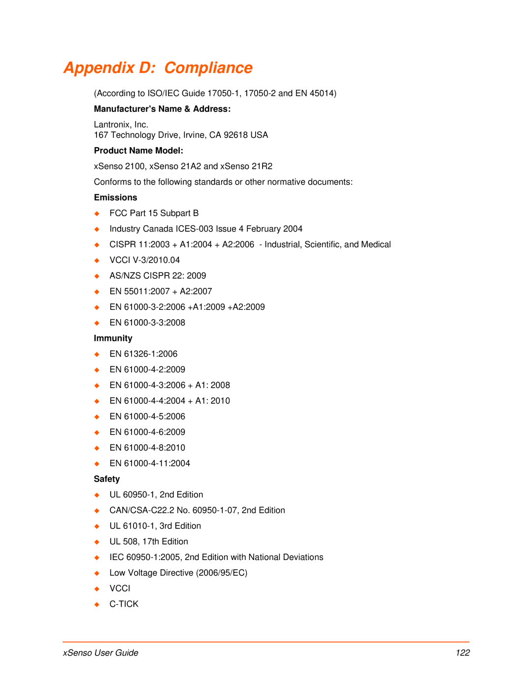 Lantronix XSENSO 21A2, XSENSO 21R2, XSENSO 2100 manual Appendix D Compliance, XSenso User Guide 122 