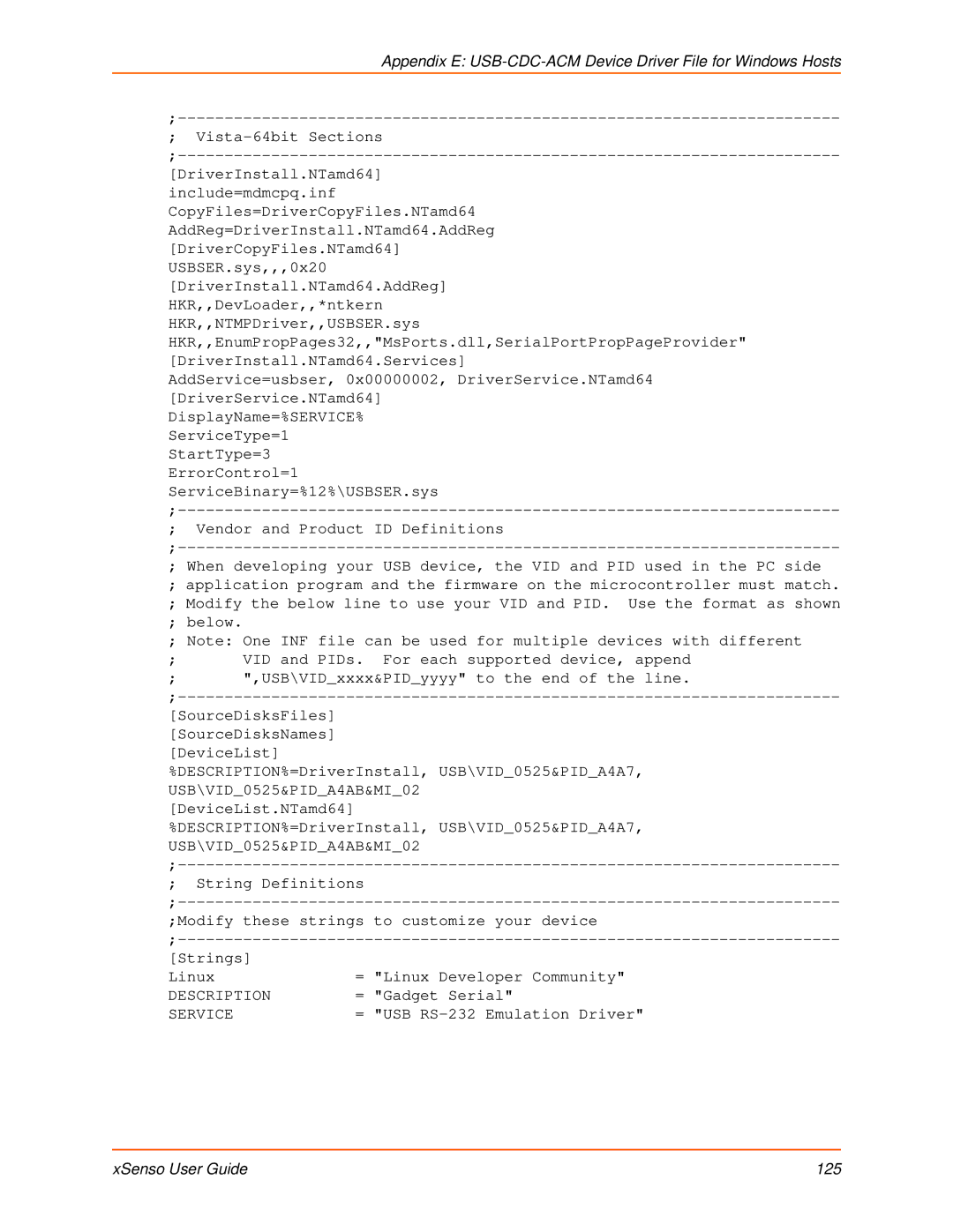 Lantronix XSENSO 21A2, XSENSO 21R2 manual Appendix E USB-CDC-ACM Device Driver File for Windows Hosts, XSenso User Guide 125 