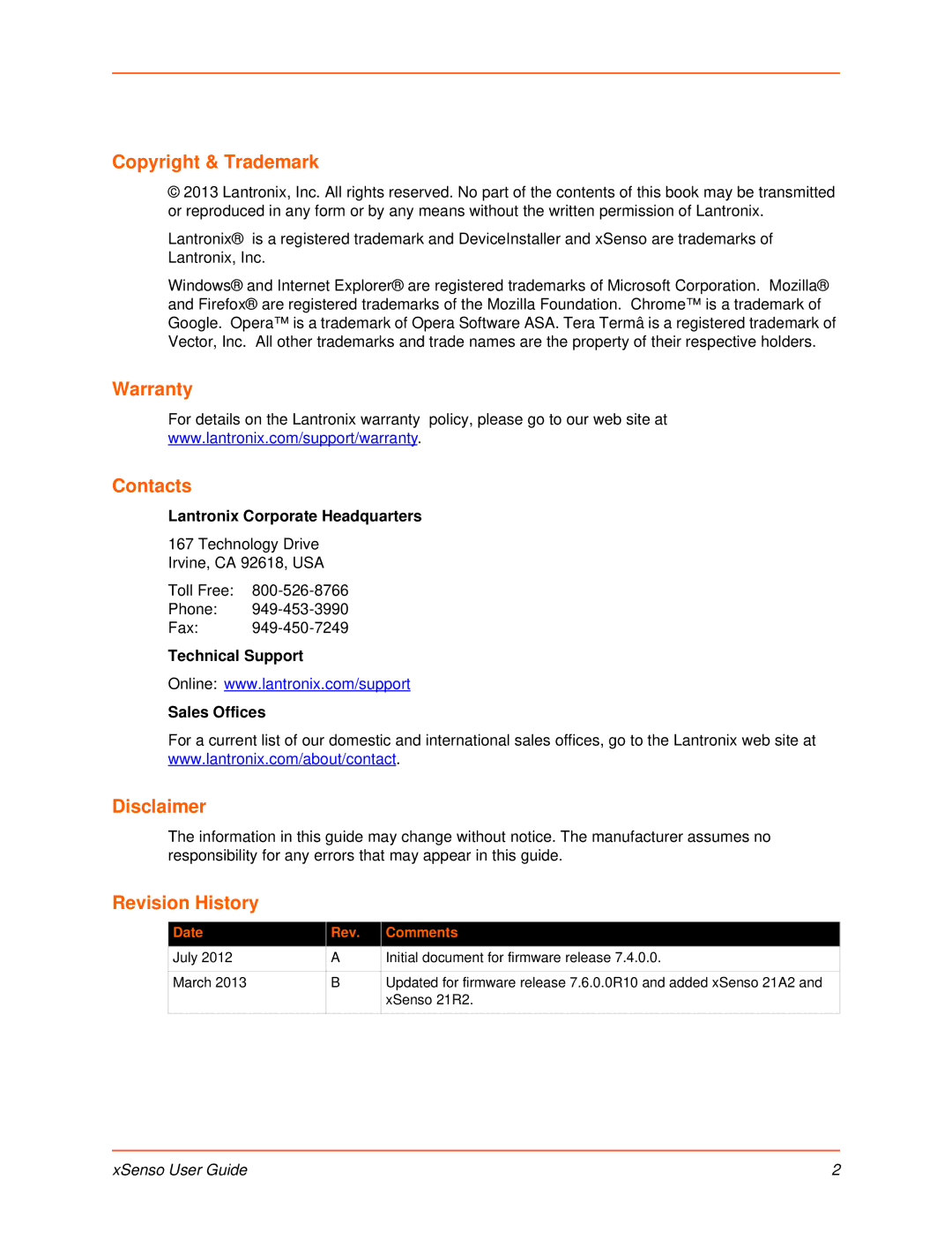 Lantronix XSENSO 21A2, XSENSO 21R2, XSENSO 2100 Copyright & Trademark, Warranty, Contacts, Disclaimer, Revision History 