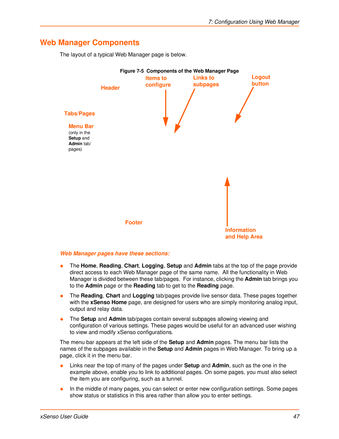 Lantronix XSENSO 21A2, XSENSO 21R2, XSENSO 2100 manual Web Manager Components, Components of the Web Manager 