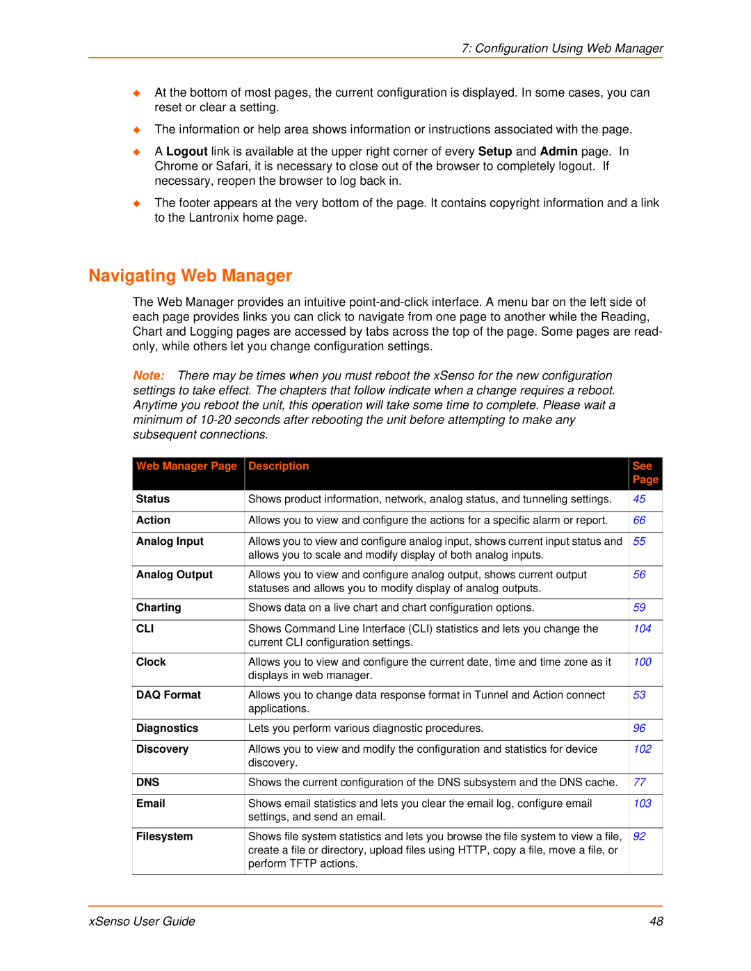 Lantronix XSENSO 21R2, XSENSO 2100, XSENSO 21A2 manual Navigating Web Manager, Web Manager Description See 