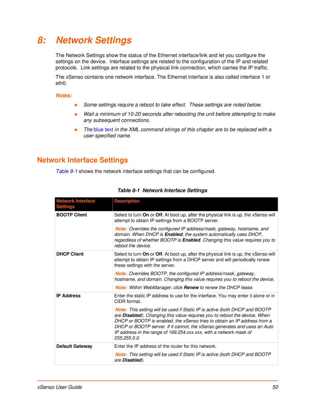 Lantronix XSENSO 21A2, XSENSO 21R2 Network Settings, Network Interface Settings, Network Interface Description Settings 