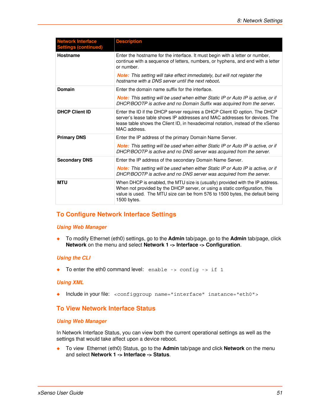 Lantronix XSENSO 21R2 manual To Configure Network Interface Settings, To View Network Interface Status, Network Settings 