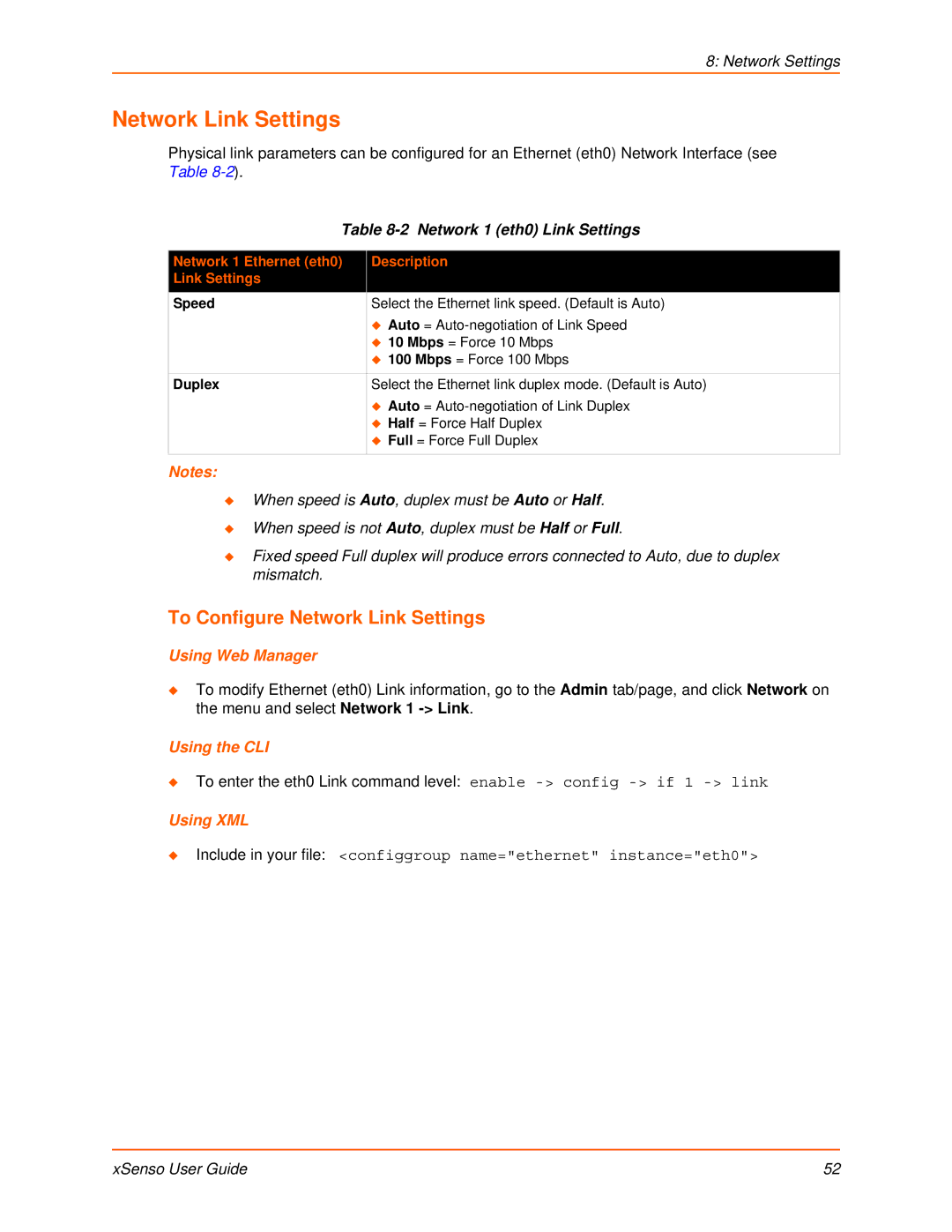 Lantronix XSENSO 2100, XSENSO 21R2, XSENSO 21A2 manual To Configure Network Link Settings, Network 1 eth0 Link Settings 