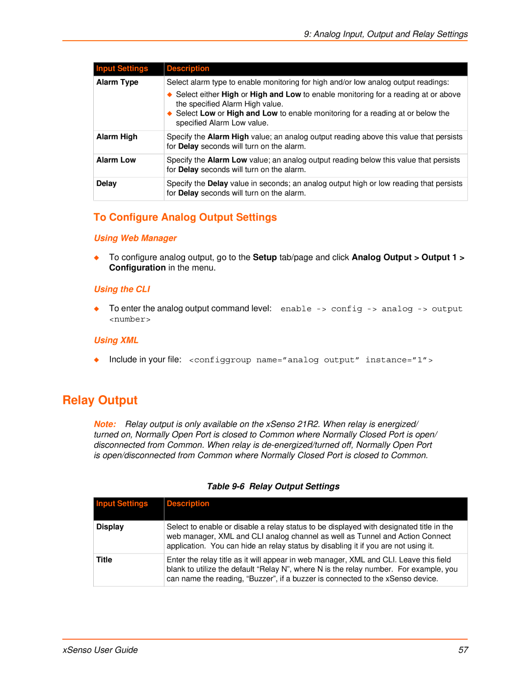 Lantronix XSENSO 21R2, XSENSO 2100, XSENSO 21A2 manual To Configure Analog Output Settings, Relay Output Settings 