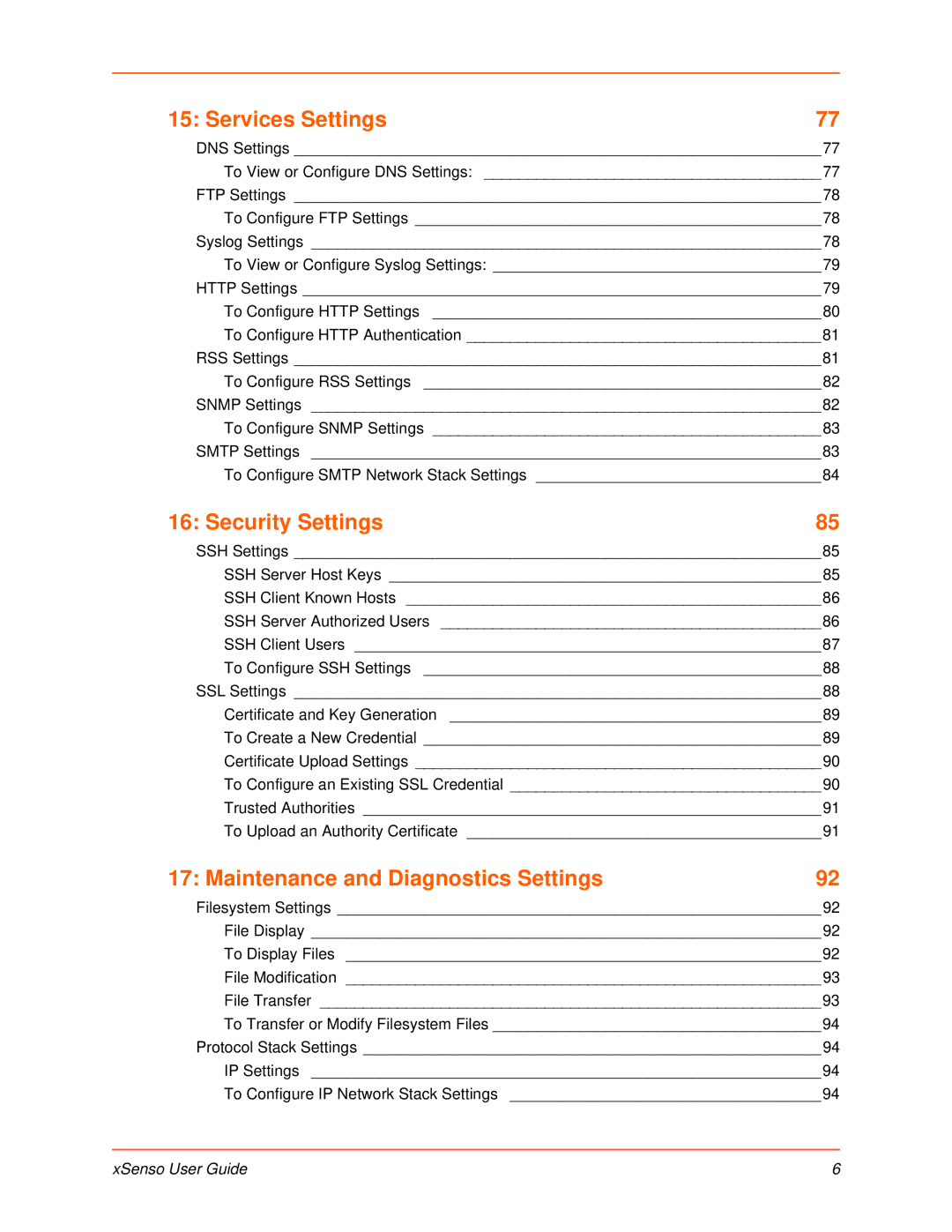 Lantronix XSENSO 21R2, XSENSO 2100, XSENSO 21A2 Services Settings, Security Settings, Maintenance and Diagnostics Settings 