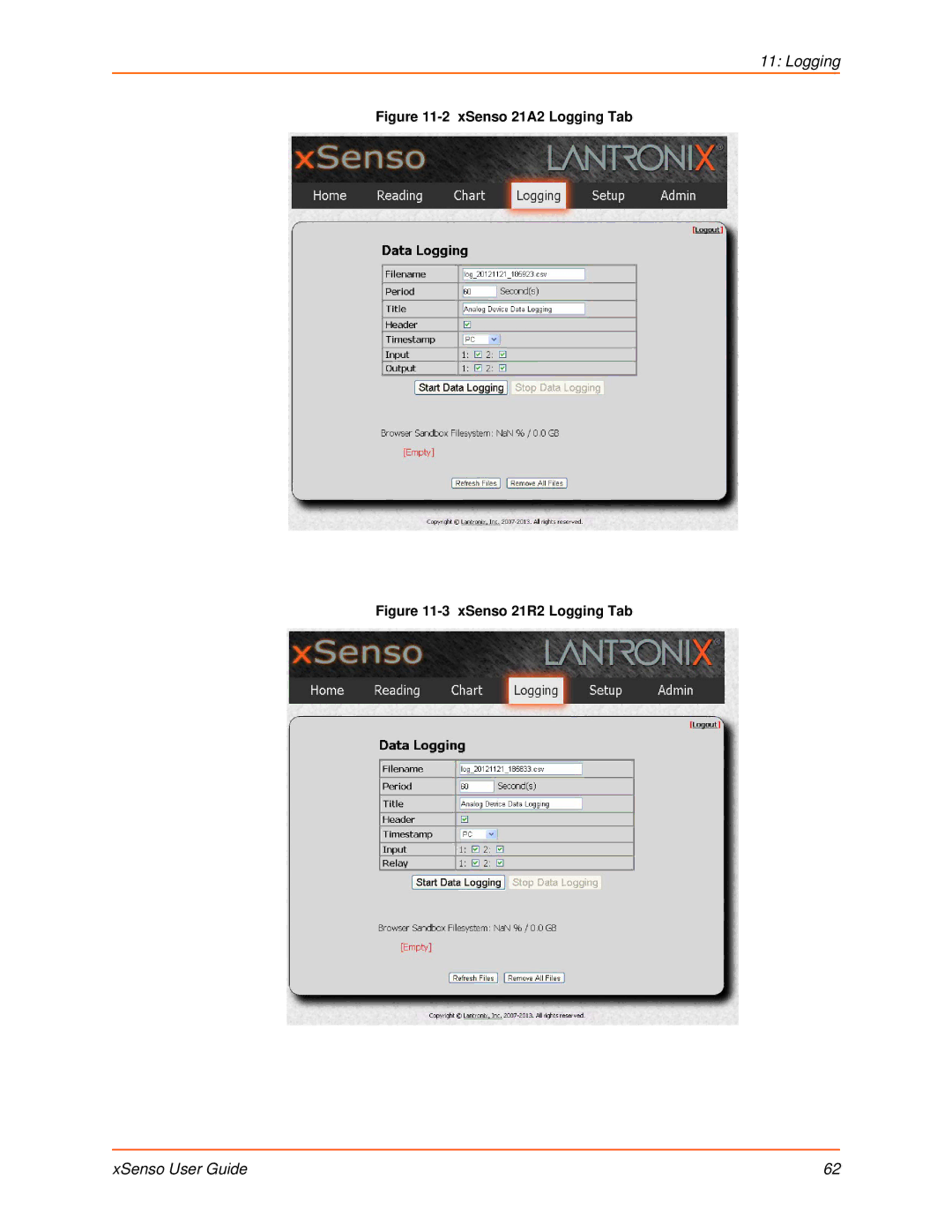 Lantronix XSENSO 21A2, XSENSO 21R2, XSENSO 2100 manual XSenso 21A2 Logging Tab, XSenso 21R2 Logging Tab 