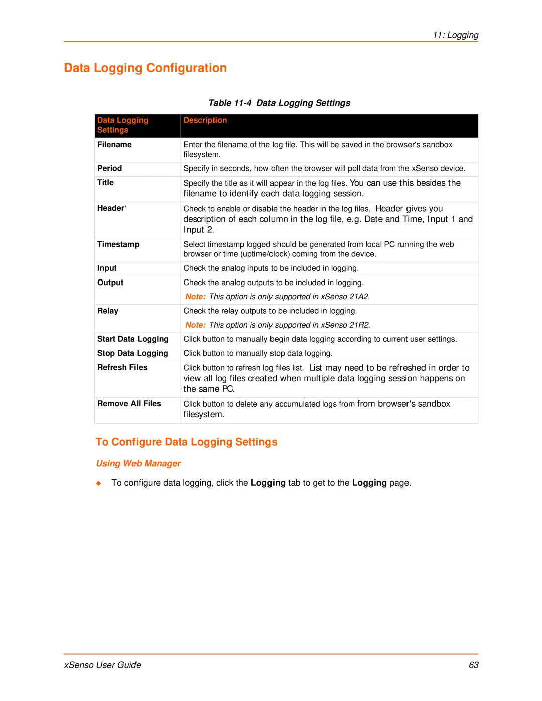 Lantronix XSENSO 21R2 Data Logging Configuration, To Configure Data Logging Settings, Data Logging Description Settings 