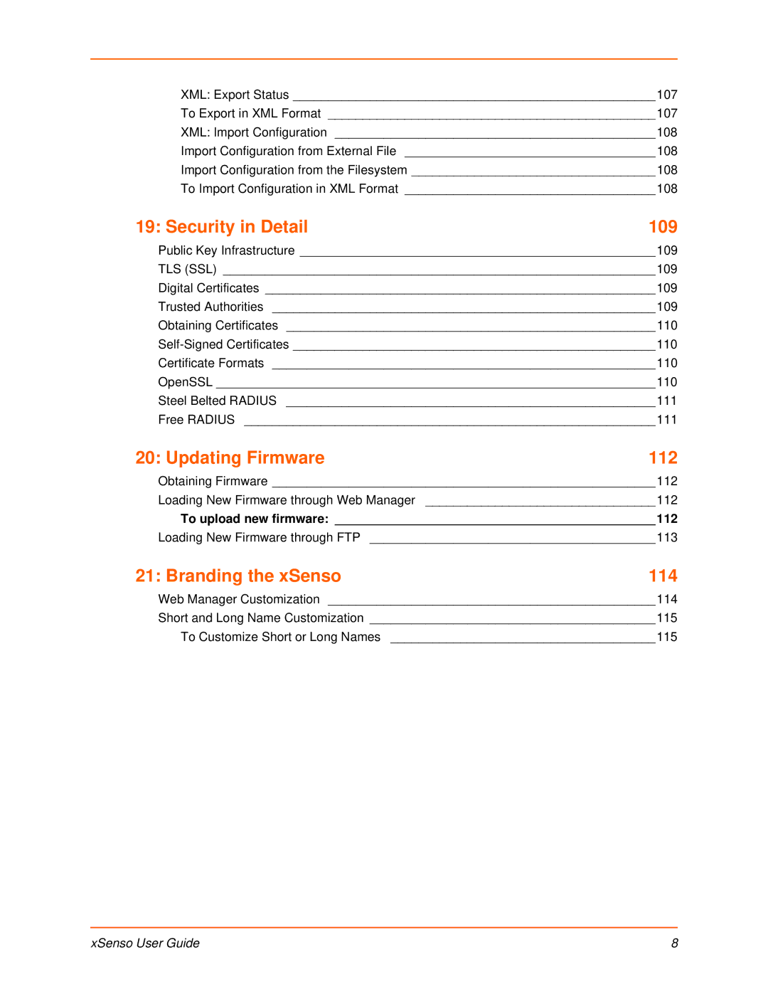 Lantronix XSENSO 21A2, XSENSO 21R2, XSENSO 2100 manual Security in Detail 109, Updating Firmware 112, Branding the xSenso 114 