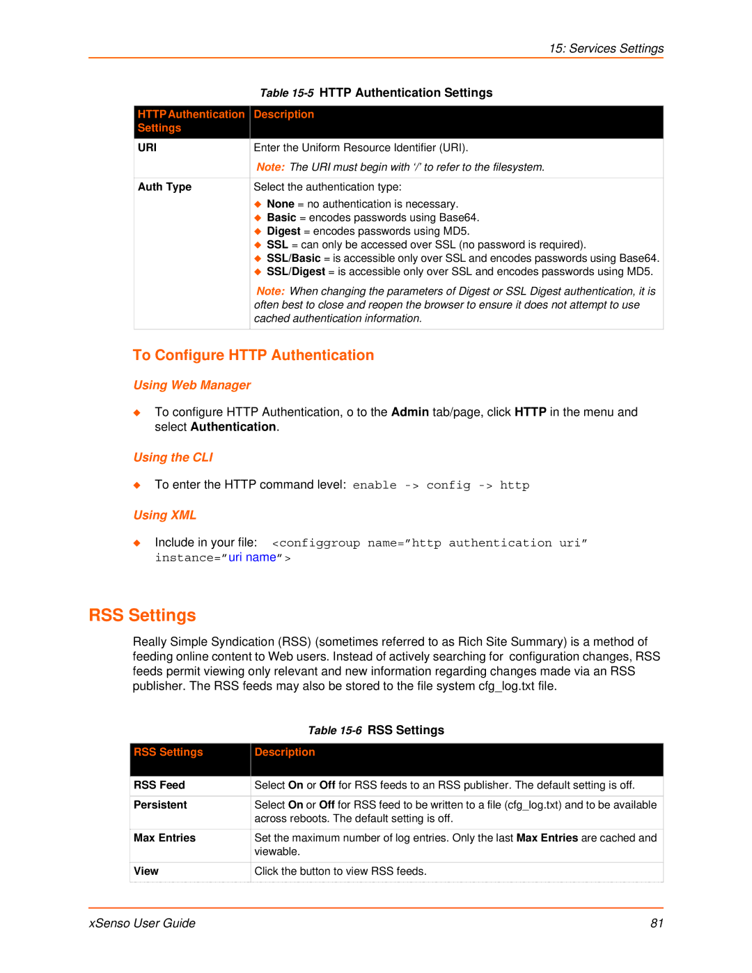 Lantronix XSENSO 21R2 RSS Settings, To Configure Http Authentication, Http Authentication Description Settings, Auth Type 