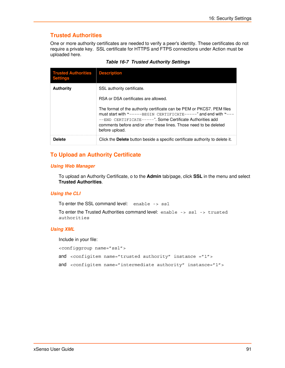 Lantronix XSENSO 2100, XSENSO 21R2 Trusted Authorities, To Upload an Authority Certificate, Trusted Authority Settings 