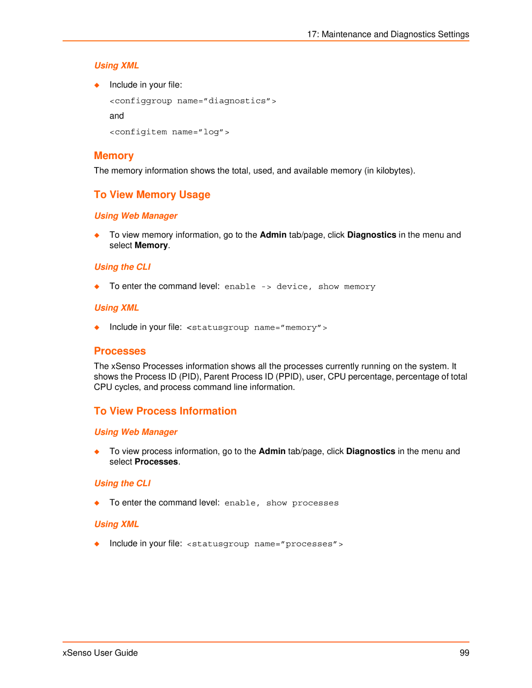 Lantronix XSENSO 21R2, XSENSO 2100, XSENSO 21A2 manual To View Memory Usage, Processes, To View Process Information 