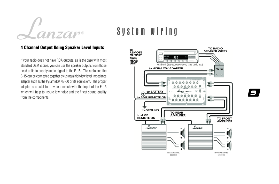 Lanzar Car Audio 15 user manual Channel Output Using Speaker Level Inputs, S y s t e m w i r i n g 