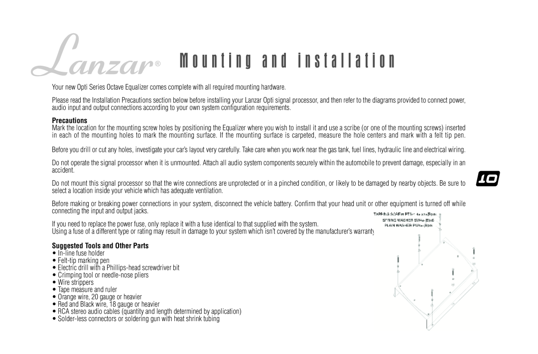 Lanzar Car Audio 15 user manual M o u n t i n g a n d i n s t a l l a t i o n, Precautions, Suggested Tools and Other Parts 