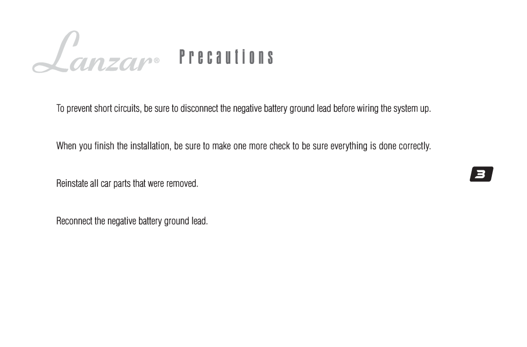 Lanzar Car Audio 15 user manual P r e c a u t i o n s, Reinstate all car parts that were removed 