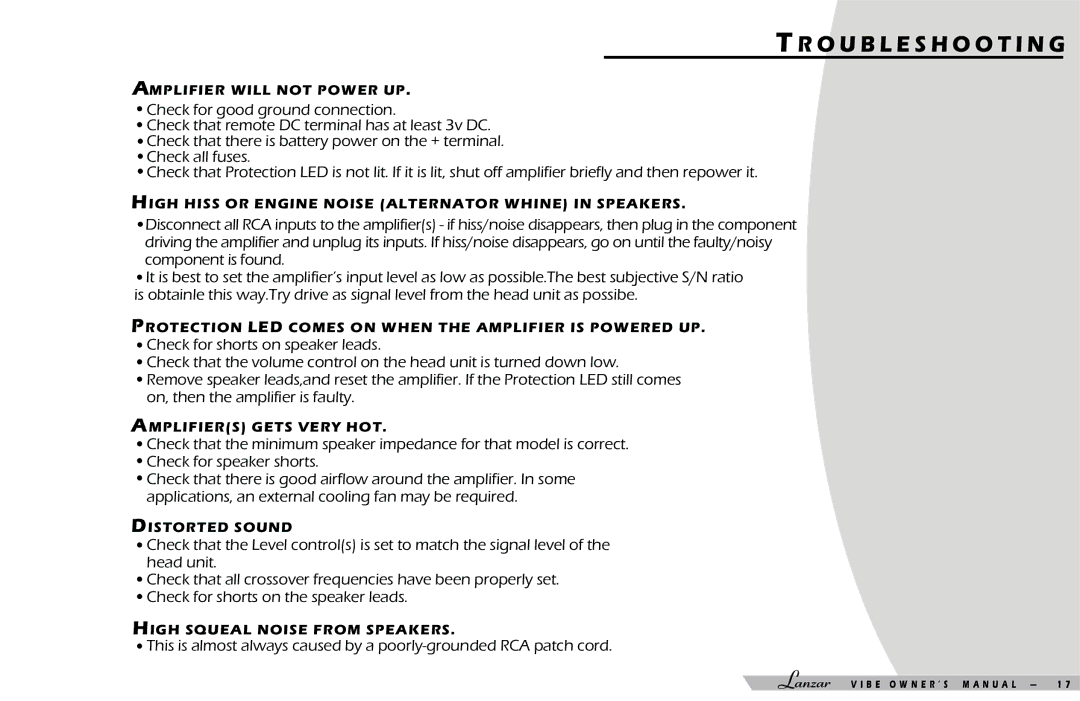 Lanzar Car Audio 232 manual Troubleshooting 