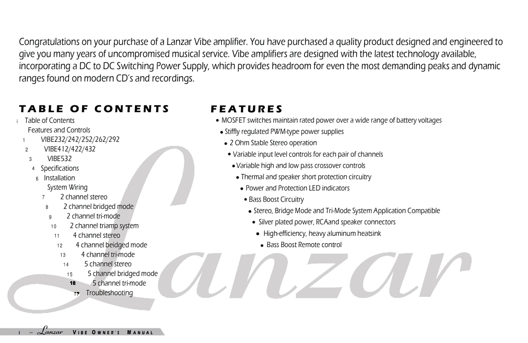 Lanzar Car Audio 232 manual Table of Contents 