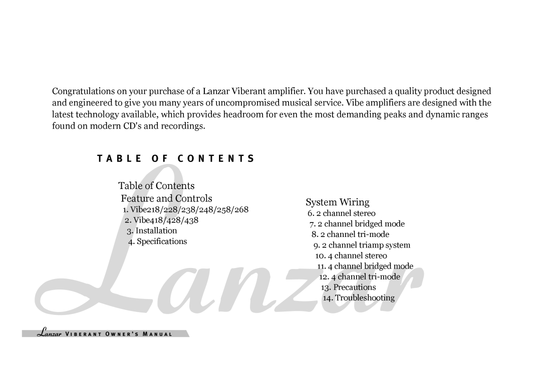 Lanzar Car Audio 268, 428, 238, 418, 248, 228, 438, 258, 218 owner manual B L E O F C O N T E N T S 