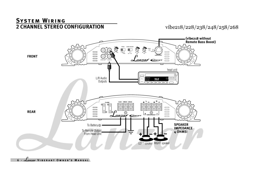 Lanzar Car Audio 258, 428, 268, 238, 418, 248, 228, 438, 218 owner manual System Wiring, Channel Stereo Configuration 