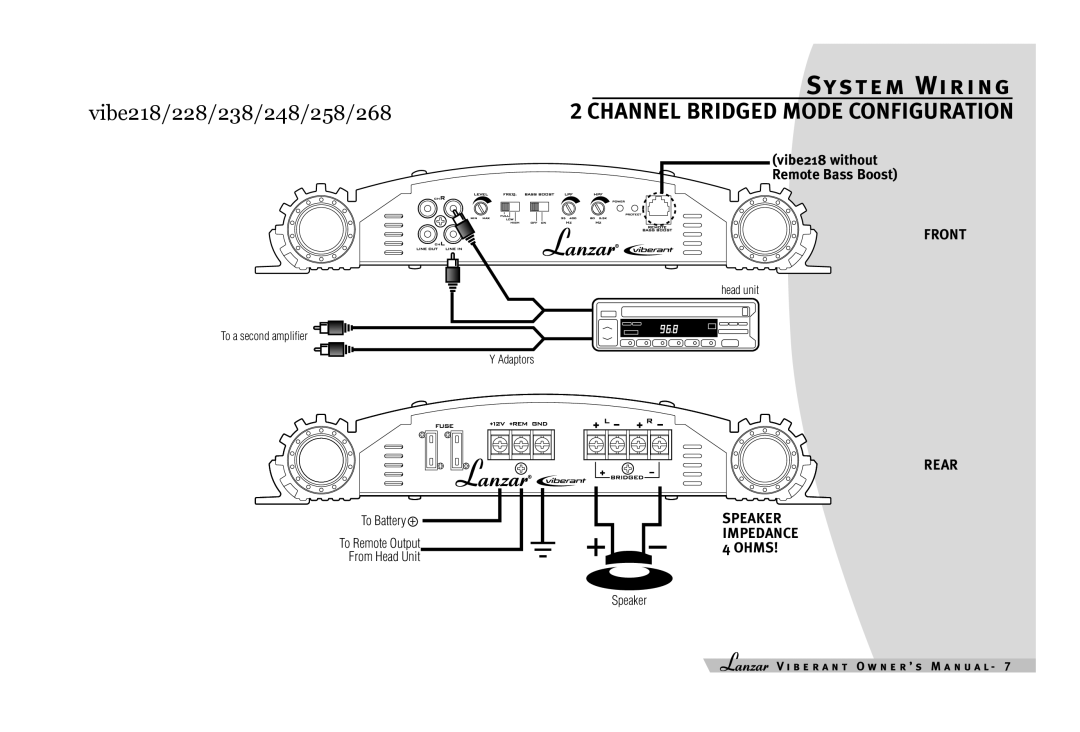 Lanzar Car Audio 218, 428, 268, 238, 418, 248, 228, 438, 258 owner manual Channel Bridged Mode Configuration 