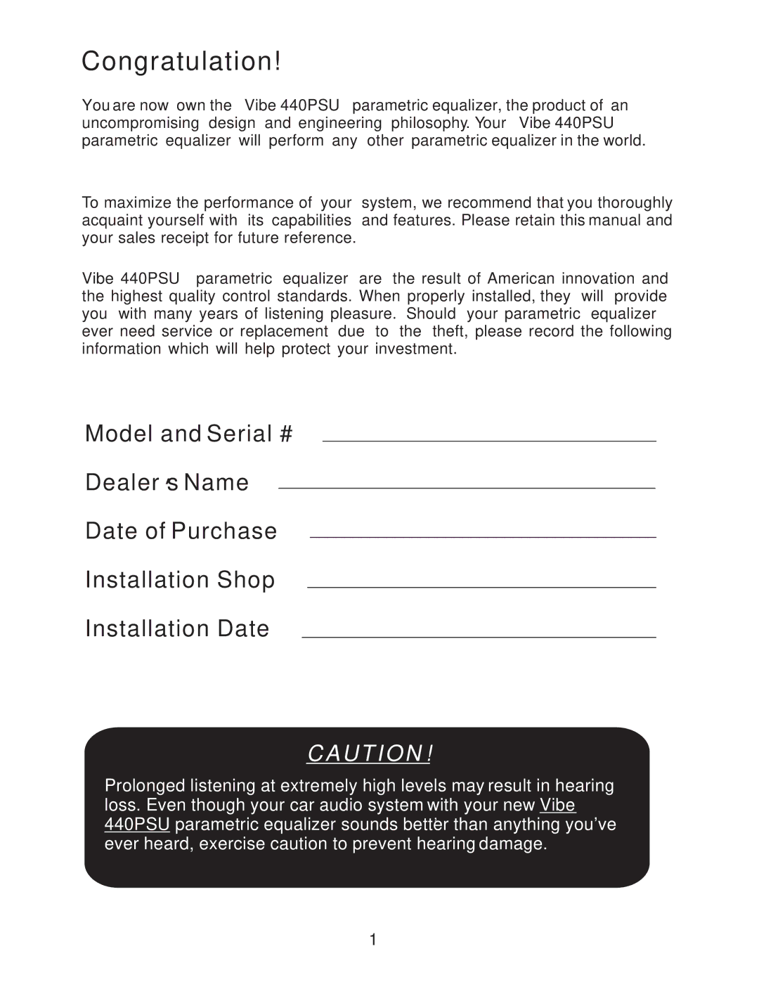 Lanzar Car Audio 440PSU manual Congratulation 